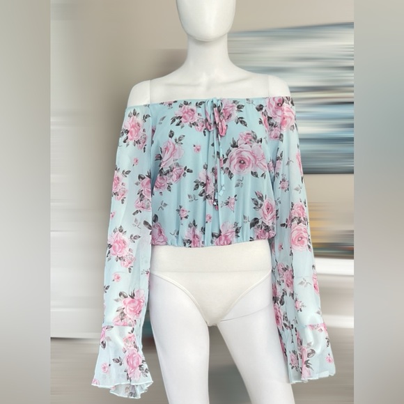 PEACH LOVE CALIFORNIA floral print bodysuit sheer bell sleeve size Large - Picture 3 of 16